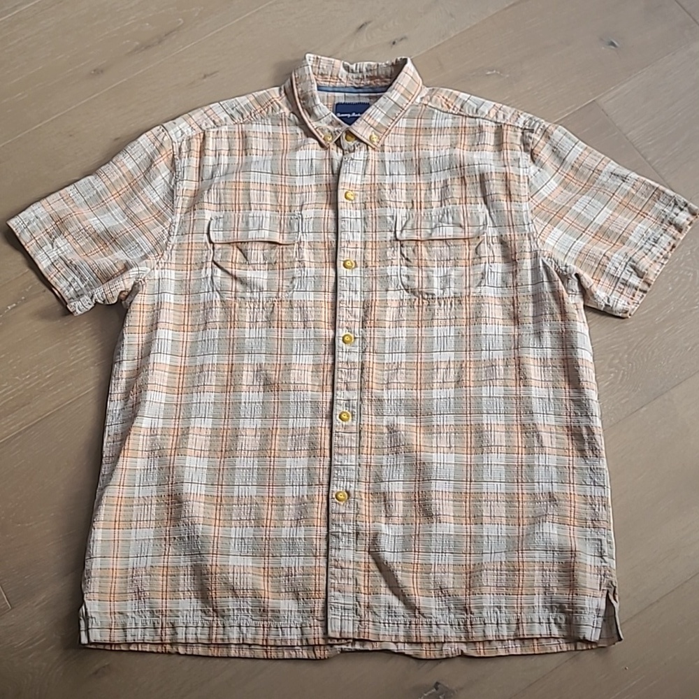 Tommy Bahama Shirt Men's sz XL 100% Silk Plaid Short Sleeve Button Down